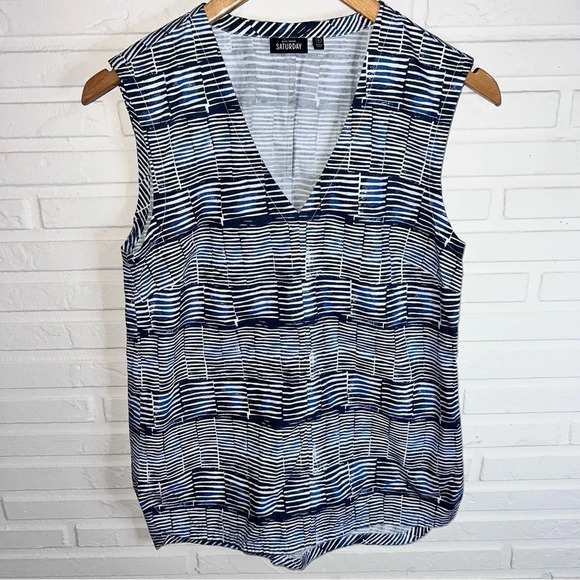 Kate Spade Saturday Cotton Navy Blue and White Sleeveless Shirt, Size Small - Picture 1 of 6